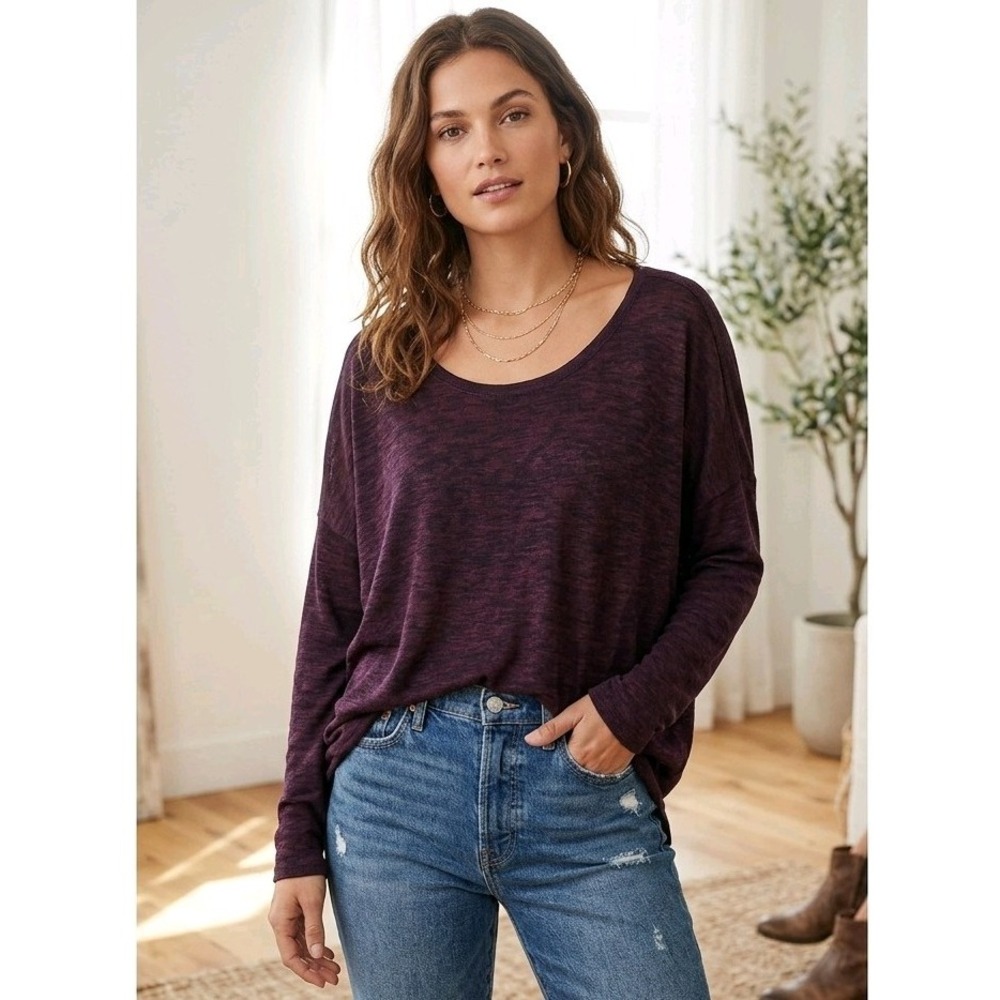 LUCKY BRAND Women's Large Top Long Sleeve Scoop Neck Plum Purple Soft Knit Tee L